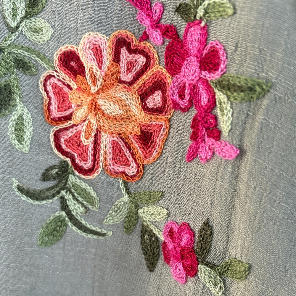 fig and flower Gray Blouse with Pink & Coral Floral Embroidery - Picture 5 of 10